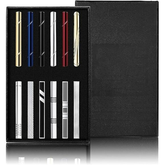 Mens Tie Clips Set 12 Pack Metal Tie Bars Regular Necktie Pin Gift Box - Picture 7 of 7